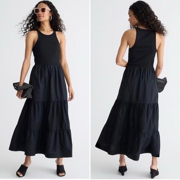 J Crew Vintage rib high neck cutaway tank dress with poplin skirt Black XL NWT - Picture 1 of 8